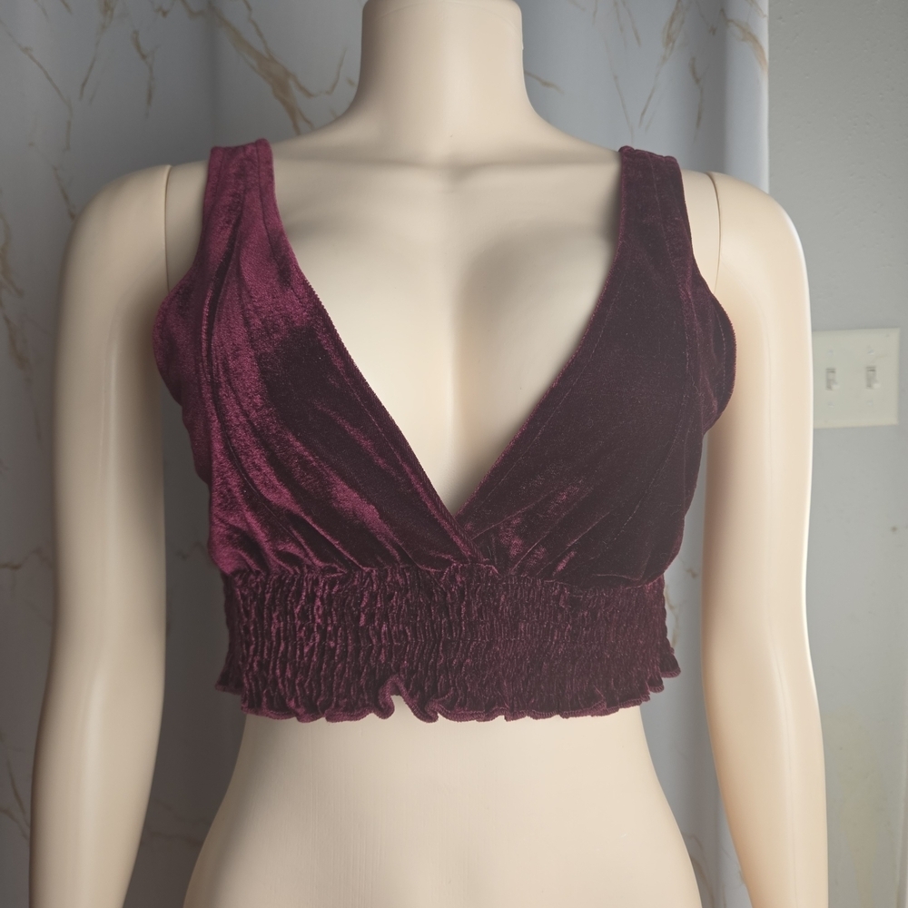Velvet Deep V Smocked Crop Top - Burgundy